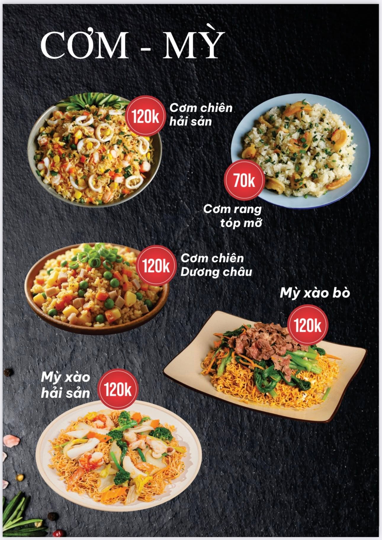 Cơm và mì menu