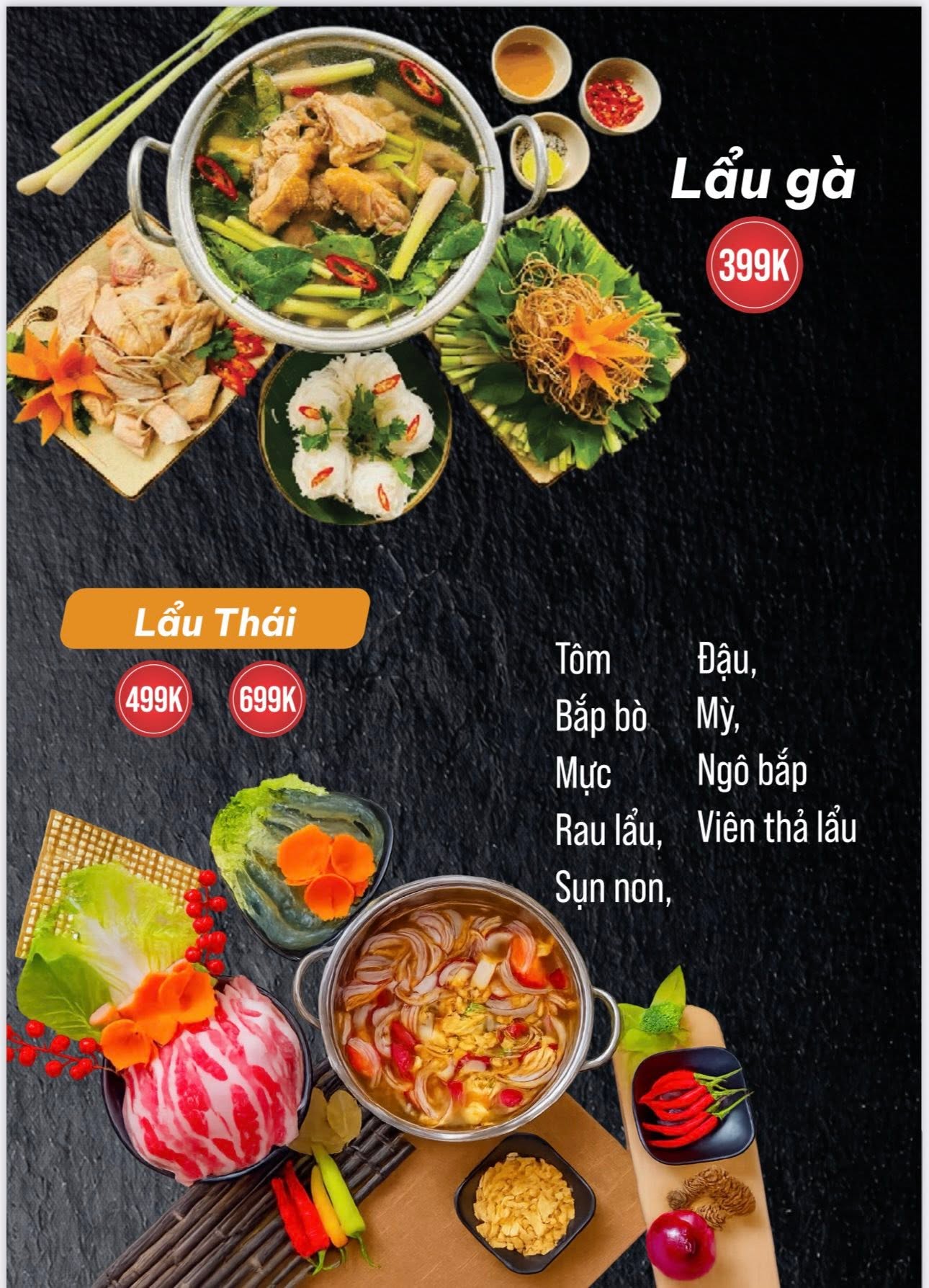 Lẩu gà và lẩu Thái menu